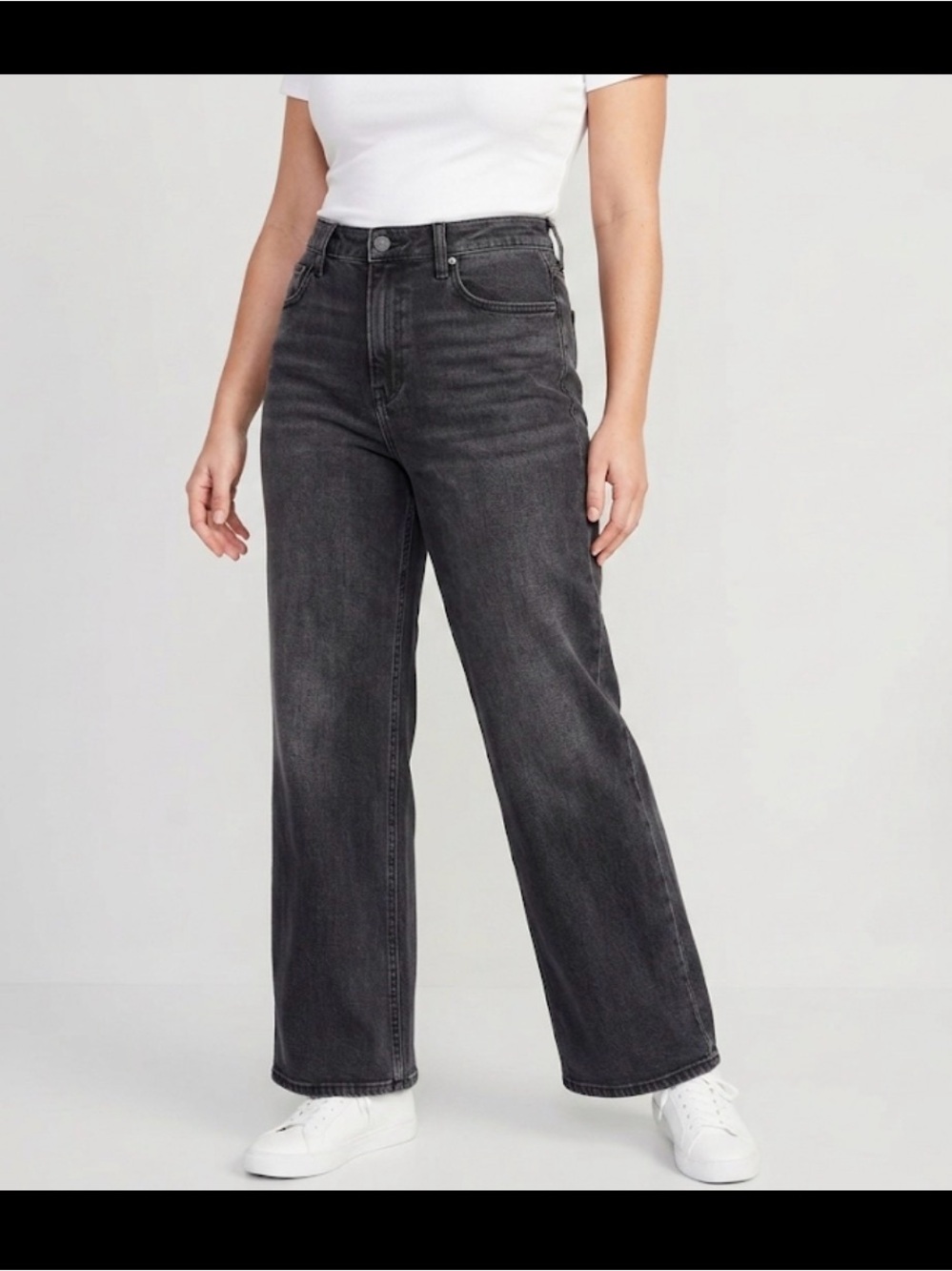 Old Navy Wow Wide Leg Jeans Size 12 High Rise Washed Black Faded Denim Stretch